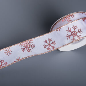 TE-YEY68-0150-D002 Karácsonyi hópehely mintás dekor szalag [38mm x 10m] fehér/rose gold