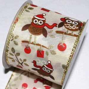 TE-YHG71-0250-G001 Bagoly mintás karácsonyi dekor szalag [64mm x 10m] krém/barna/piros