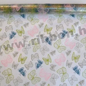 FO-TRANSP-152121-02,14,36 Díszcsomagoló lepke mintázatú fólia tekercs [50cm x 10m] ezüst/zöld/rózsaszín