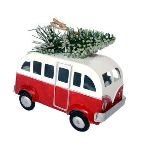 KAR-CAR-802-02A-piros busz Karácsonyi fenyőfa szállí­tó fém busz dekoráció 11cm x 5,5cm x 9,5cm piros