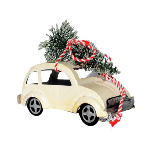 KAR-CAR-CK161125-19W-fehér autó Karácsonyi fenyőfa szállító fém autó dekoráció 12cm x 10,5cm fehér