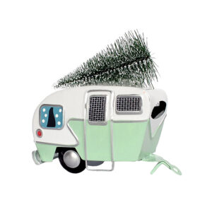 KAR-CAR-802-06G-menta lakóautó Karácsonyi fém lakókocsi fenyőfával 10cm x 9,5cm menta