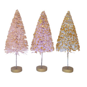 KAR-FENYO-CK652-J342-GLITTERES MINI FENYŐFA 16 cm x 6 cm x 9,1 cm 1 csomag (3db elem) rózsaszín, almazöld, barack/arany