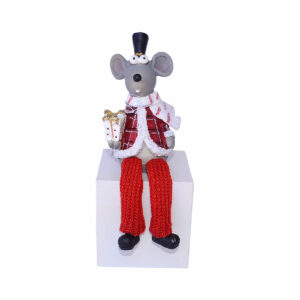 KAR-POLYR-CK516-J1251-lógó lábú egér karácsonyi polyresin figura 8 x 6,5 x 12,5cm fehér/piros/szürke
