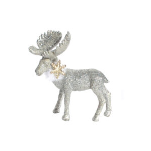 KAR-POLYR-CK516-KXY18B5180-10B-prémes szarvas karácsonyi polyresin figura 9,5 x 4,5 x 9,5cm ezüst/fehér