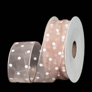 OS-SZL-OP-05-062 Organza szalag pöttyös [25mm x 9,14m] púder bézs/fehér