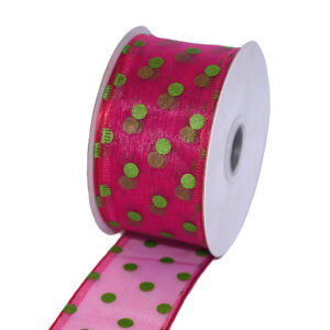 TE-BF022-0150-C003 Drótos szélű organza szalag pöttyös [38mm x 10m] ciklámen /zöld