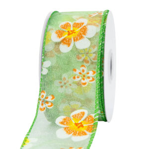 TE-YCH13D-0150-367 Virág mintás organza szalag [38mm x 10m] zöld
