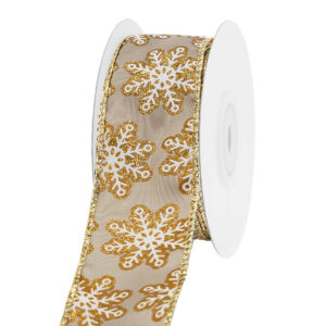 TE-YHJ86-0150-G003 Glitteres hópehely mintás karácsonyi dekor szalag [38mm x 10m] bézs/arany
