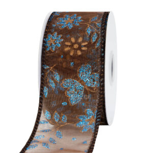 TE-YI203-0150-C001 Glitteres virág mintás organza szalag [38mm x 10m] barna/kék