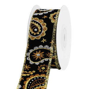 TE-YLB97-0150-G003 Bársony dekor szalag kasmír mintával [38mm x 10m] fekete