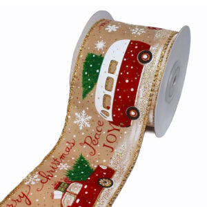 TE-YWC96-0250-G001 Fenyőfa szállító autóval, busszal díszített karácsonyi szalag [64mm x 10m] arany/piros/fehér/zöld