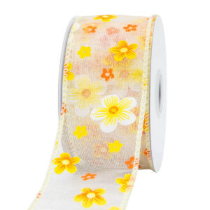 TE-YCF59D-0150-074 Virág mintás organza szalag [38mm x 10m] ekrü