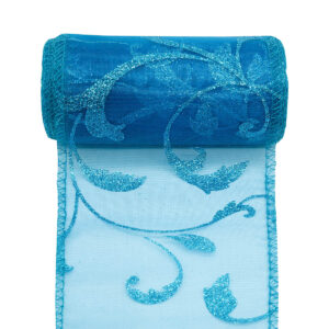 OA-GL-INDA-11-Y20-031 Glitter barokk inda mintás organza anyag [11cm x 10m] türkizkék