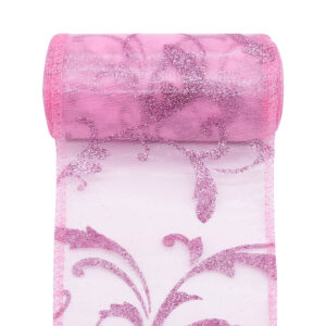 OA-GL-INDA-11-Y20-086 Glitter barokk inda mintás organza anyag [11cm x 10m] rózsaszín
