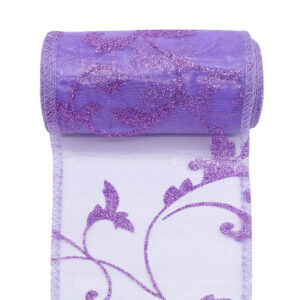 OA-GL-INDA-11-Y20-110 Glitter barokk inda mintás organza anyag [11cm x 10m] világoslila