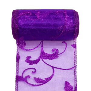 OA-GL-INDA-11-Y20-267 Glitter barokk inda mintás organza anyag [11cm x 10m] sötétlila