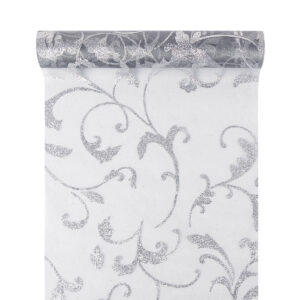 OA-GL-INDA-23-Y20-102 Glitter barokk inda mintás organza anyag [23,5cm x 5m] ezüst