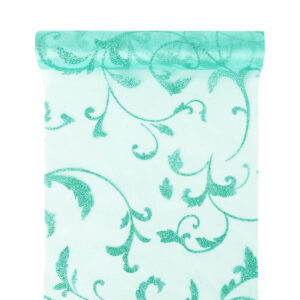 OA-GL-INDA-23-Y20-747 Glitter barokk inda mintás organza anyag [23,5cm x 5m] mentazöld