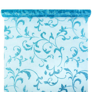 OA-GL-INDA-47-Y20-031 Glitter barokk inda mintás organza anyag [47cm x 5m] türkizkék