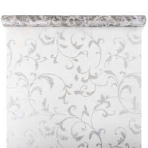 OA-GL-INDA-47-Y20-102 Glitter barokk inda mintás organza anyag [47cm x 5m] ezüst