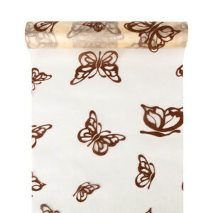 OA-BS-LEPKE-23-Y22-076,044 Bársony lepke mintás organza anyag [23,5cm x 5m] krém/barna